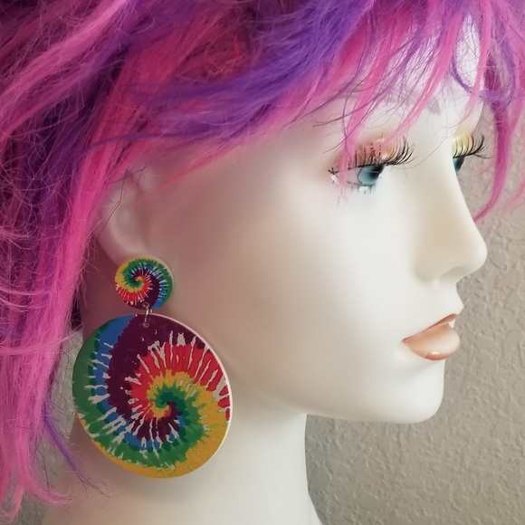Tye Dye Round Fashion Retro 80's Earrings - Picture 2 of 5